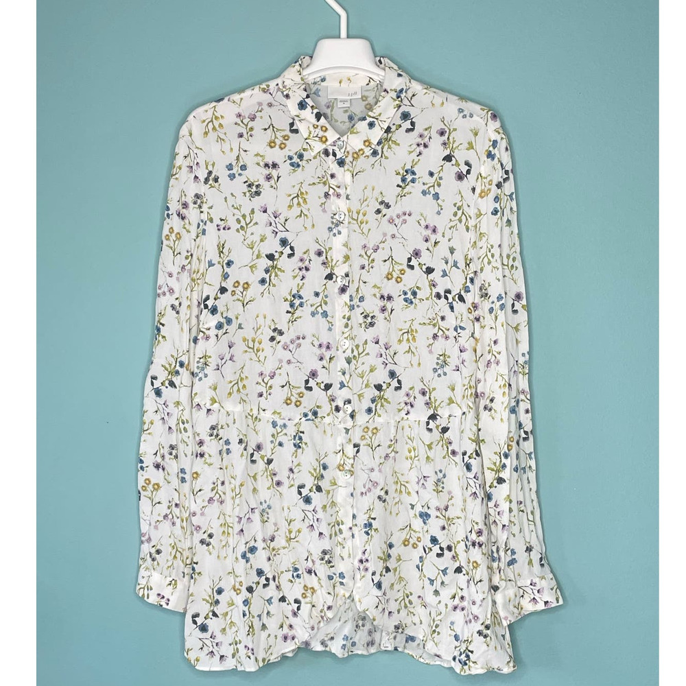 J Jill Ivory Floral Button Front Peplum Rayon Top Long Sleeves Size Medium